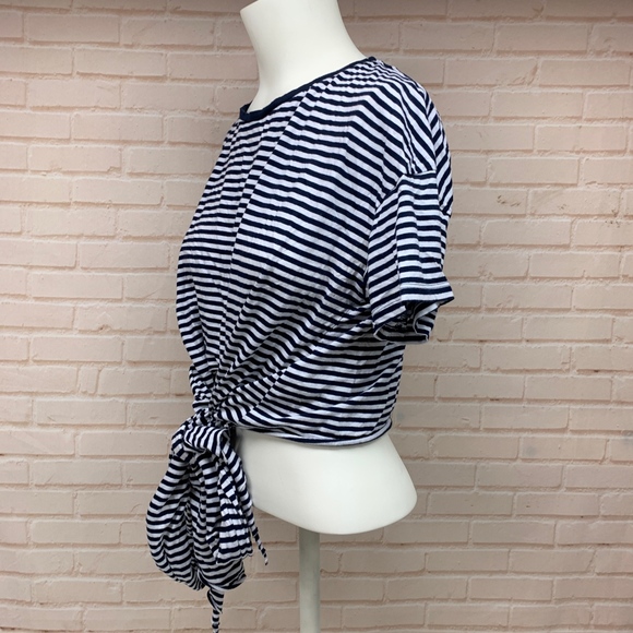 ZARA Navy White Striped T-Shirt Crop Tie Waist  👑 - Picture 7 of 8